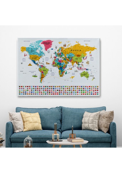Dünya Haritası Ayrıntılı Eğitici Sembollü Bayraklı Dekoratif Kanvas Tablo 2867 fiyatları