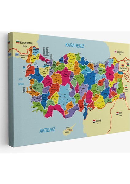 Türkiye Haritası Kanvas Tablo Il ve Ilçeli Ayrıntılı Eğitici Komşulu Dekoratif Tablo 3005