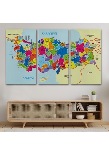 Türkiye Haritası Kanvas Tablo Il ve Ilçeli Ayrıntılı Eğitici Komşulu Dekoratif Tablo 3005 modelleri