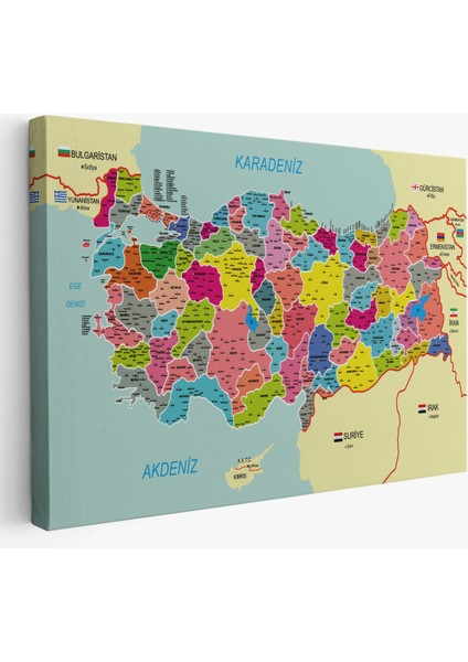 Türkiye Haritası Kanvas Tablo Il ve Ilçeli Ayrıntılı Eğitici Komşulu Tablo 2996