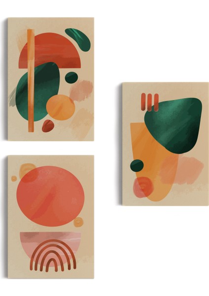 3’lü Tablo Suluboya Şekilleri Soyut Sanat Dekoratif Duvar Tablo Seti-Bb-27