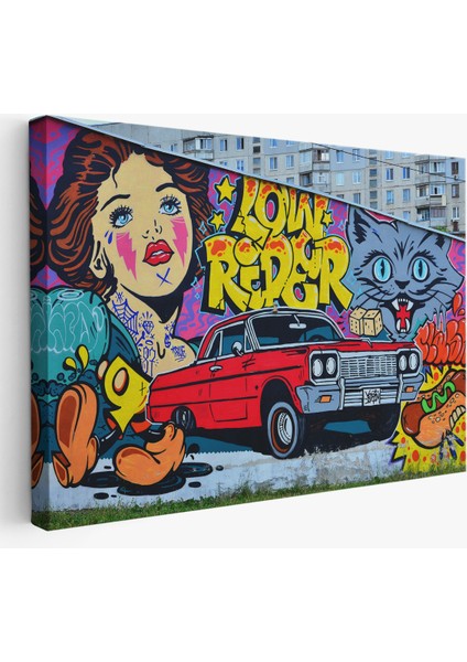 Grafiti Ile Yapilmiş Retro Kırmızı Araba Kanvas TABLO-5027
