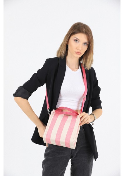 Kadın Kanvas Kumaş Pembe Çizgili Pelo Omuz Çantası