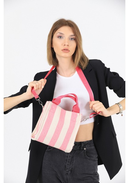 Kadın Kanvas Kumaş Pembe Çizgili Pelo Omuz Çantası
