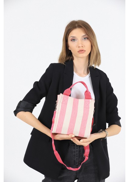 Kadın Kanvas Kumaş Pembe Çizgili Pelo Omuz Çantası