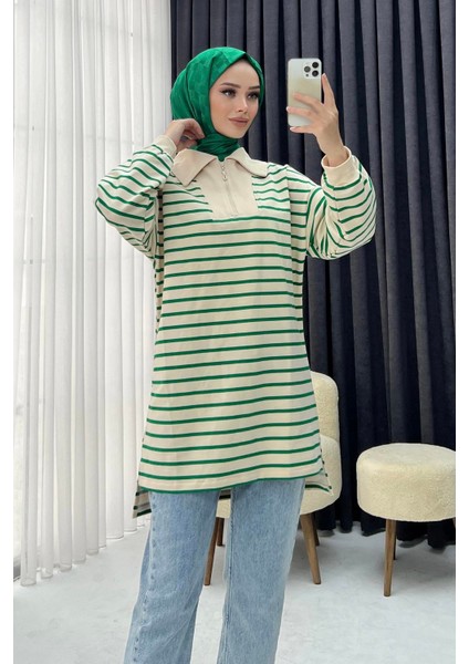 Kadın Yarım Fermuarlı Çizgili Sweat