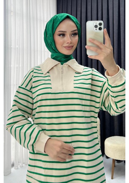 Kadın Yarım Fermuarlı Çizgili Sweat modelleri