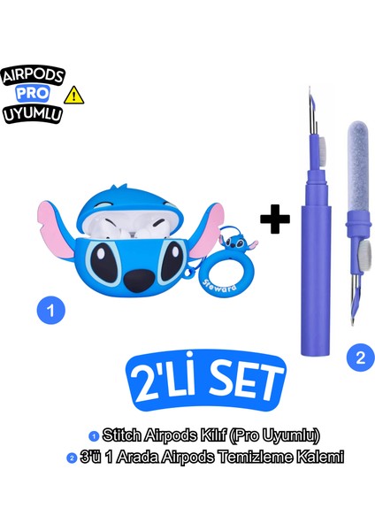 Airpods Pro Uyumlu Stitch Kılıf ve 3'ü 1 Arada Bluetooth Kulaklık Temizleme Kalemi Seti