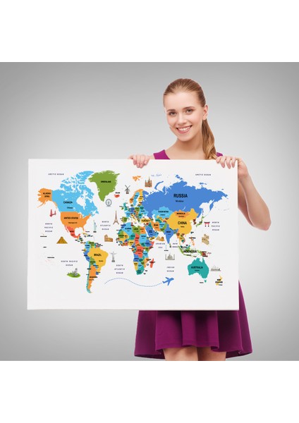 Dünya Haritası Dekoratif Kanvas Tablo Ülke ve Başkentli Öğretici ve Sembollü 2335 fırsatları