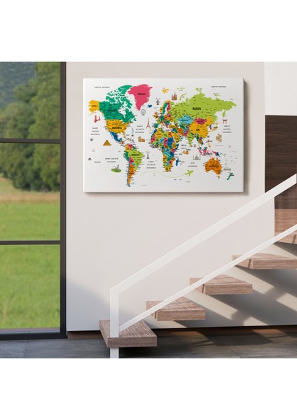 Türkçe Dünya Haritası Son Derece Ayrıntılı Eğitici ve Sembollü Kanvas Tablo 3216 indirimleri