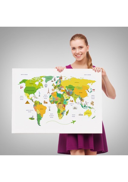 Dünya Haritası Dekoratif Kanvas Tablo Ülke ve Başkentli Öğretici ve Sembollü 2325 fırsatları