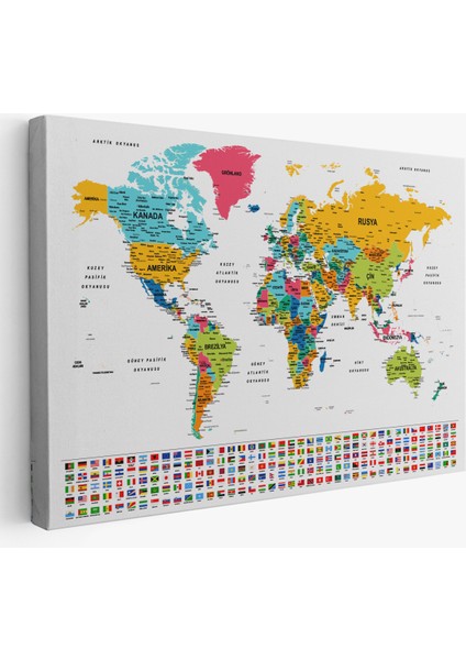 Türkçe Dünya Haritası Son Derece Ayrıntılı Eğitici ve Bayraklı Kanvas Tablo 2797