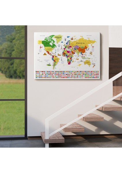 Dünya Haritası Ayrıntılı Eğitici Sembollü Bayraklı Dekoratif Kanvas Tablo 2839 indirimleri