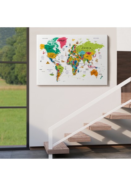 Dünya Haritası Son Derece Ayrıntılı Eğitici ve Sembollü Dekoratif Kanvas Tablo 3215 indirimleri