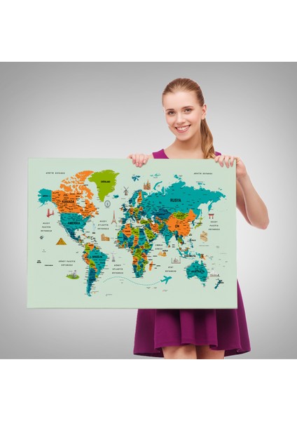Türkçe Dünya Haritası Çok Detaylı Ünlü Yerler Sembollü Kanvas Tablo 1749 fırsatları