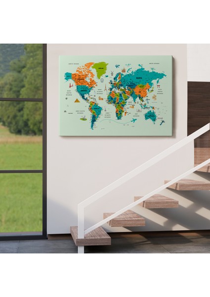 Türkçe Dünya Haritası Çok Detaylı Ünlü Yerler Sembollü Kanvas Tablo 1749 indirimleri