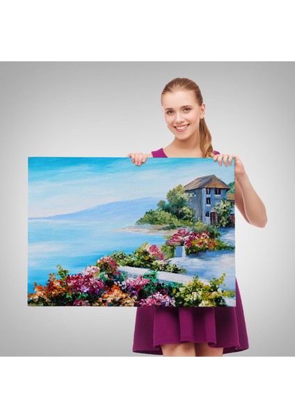 Rengarenk Çiçekler Arasındaki Deniz Manzaralı Ev Duvar TABLOSU-3633 fırsatları