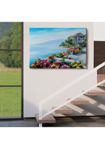 Rengarenk Çiçekler Arasındaki Deniz Manzaralı Ev Duvar TABLOSU-3633 indirimleri
