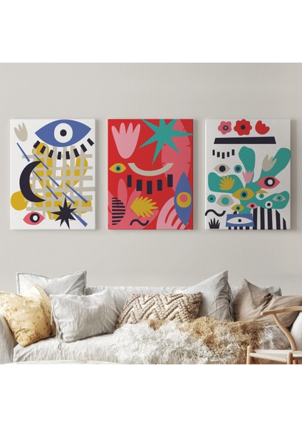 Çağdaş Sanat Gözleri Olan Soyut 3 Lü Kanvas Tablo Seti-Al-12