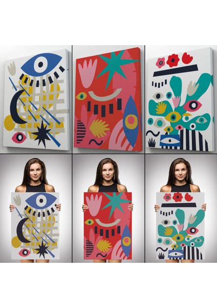 Çağdaş Sanat Gözleri Olan Soyut 3 Lü Kanvas Tablo Seti-Al-12