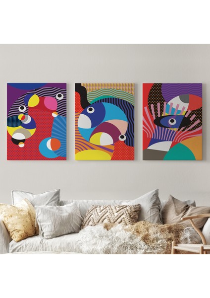 Renkli Geometrik Desenli Pop Art 3 Lü Kanvas Duvar Tablo Seti-Ao-14 fiyatları