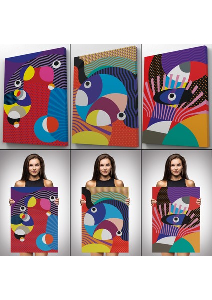 Renkli Geometrik Desenli Pop Art 3 Lü Kanvas Duvar Tablo Seti-Ao-14 modelleri