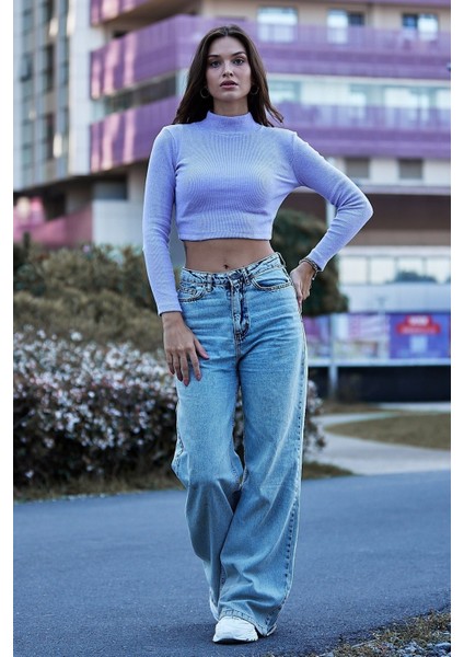 Daily Fashion Lila Süper Crop Balıkçı Yaka Triko Kazak