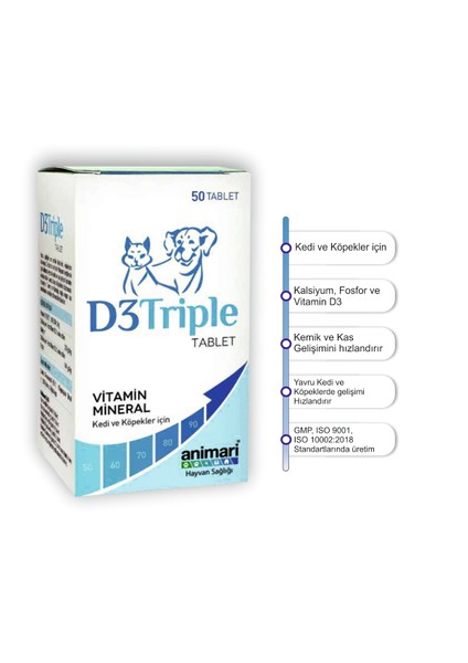 D3 Triple 50 Tablet Kedi ve Köpekler Için Vitamin D3  Kalsiyum ve Fosfor