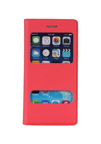 iPhone 6 / 6s S View Deri Dikişli Çift Pencereli Kılıf Kırmızı