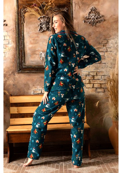 Kışlık Yılbaşı Desenli Kadın Gömlek Polar Pijama Takımı modelleri