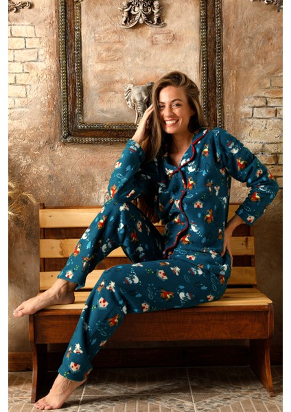 Kışlık Yılbaşı Desenli Kadın Gömlek Polar Pijama Takımı fırsatları