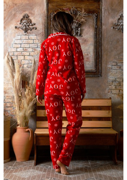 Kışlık Yılbaşı Desenli Kadın Gömlek Polar Pijama Takımı modelleri