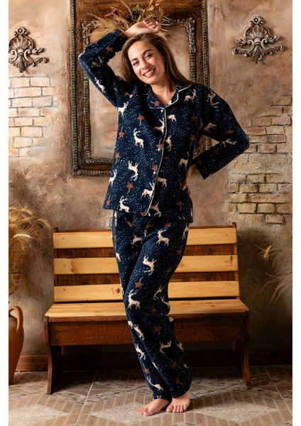 Kışlık Yılbaşı Desenli Kadın Gömlek Polar Pijama Takımı fiyatları