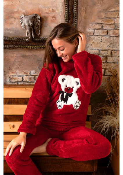 Tam Peluş Kışlık Kadın Pijama Takımı- Polar Yılbaşı Pijaması
