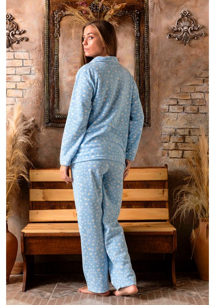 Kışlık Yılbaşı Desenli Kadın Gömlek Polar Pijama Takımı modelleri