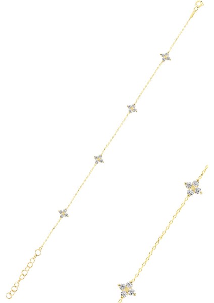 Gümüş Altın Yaldızlı Zirkon Taşlı Yonca Bileklik SGTL12279GOLD