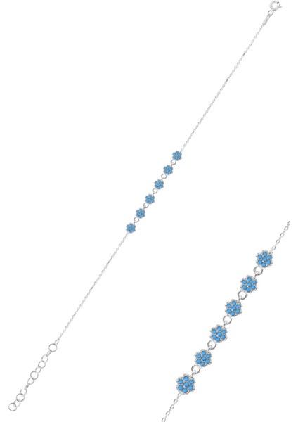 Gümüş Rodyumlu Turkuaz Taşlı Çiçek Bileklik SGTL12293MAVI