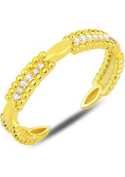 Gümüş Altın Yaldızlı Zirkon Taşlı Alttan Ayarlamalı Yüzük SGTL12286GOLD