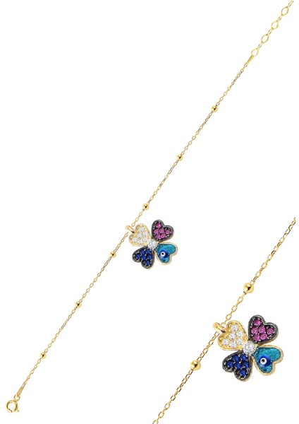 Gümüş Rose Zirkon Taşlı Mineli Yonca Top Top Bileklik SGTL12276ROSE