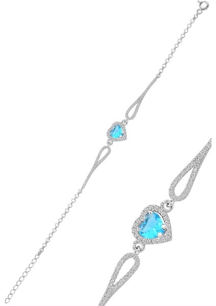 Gümüş Rodyumlu Akuamarin Taşlı Pırlanta Modeli Kalp Bileklik SGTL12272MAVI