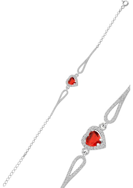 Gümüş Rodyumlu Kırmızı Zirkon Taşlı Pırlanta Modeli Kalp Bileklik SGTL12272KIRMIZI