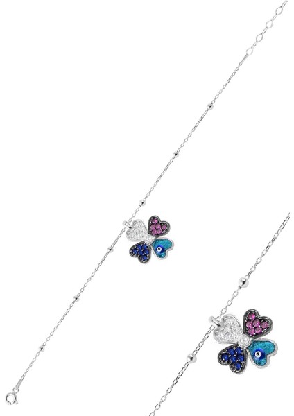 Gümüş Zirkon Taşlı Mineli Yonca Top Top Bileklik SGTL12276RODAJ