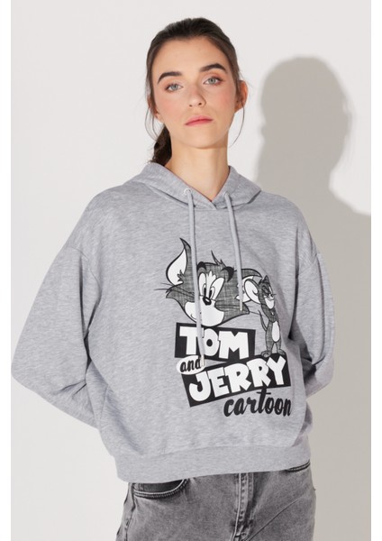 Regular Fit Normal Kesim Kapüşonlu Gri Melanj Tom ve Jerry Baskılı Sweatshirt