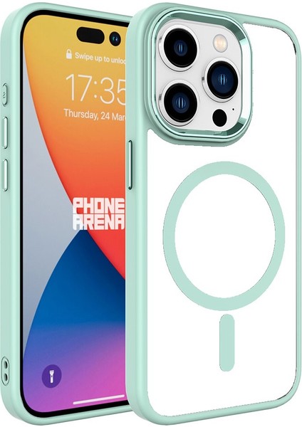 iPhone 15 Pro Kılıf Darbe Emici Mıknatıs Magsafe Metal Çerçeve Şeffaf Renkli Kenar Silikon Kapak