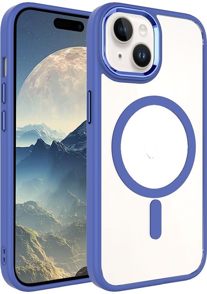 iPhone 15 Plus Kılıf Darbe Emici Mıknatıs Magsafe Metal Çerçeve Şeffaf Renkli Kenar Silikon Kapak
