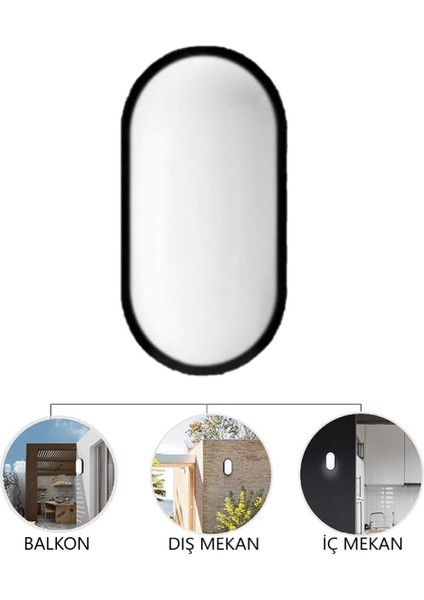 3 Adet 20W Su ve Nem Geçirmez Siyah Kasa Beyaz Işık 6400K Oval Banyo Balkon İç ve Dış Mekan LED