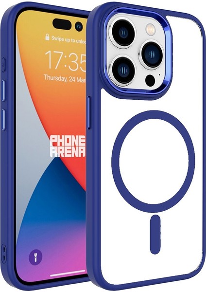 iPhone 15 Pro Kılıf Darbe Emici Mıknatıs Magsafe Metal Çerçeve Şeffaf Renkli Kenar Silikon Kapak