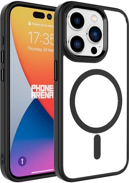 iPhone 15 Pro Max Kılıf Darbe Emici Mıknatıs Magsafe Metal Çerçeve Şeffaf Renkli Kenar Silikon Kapak