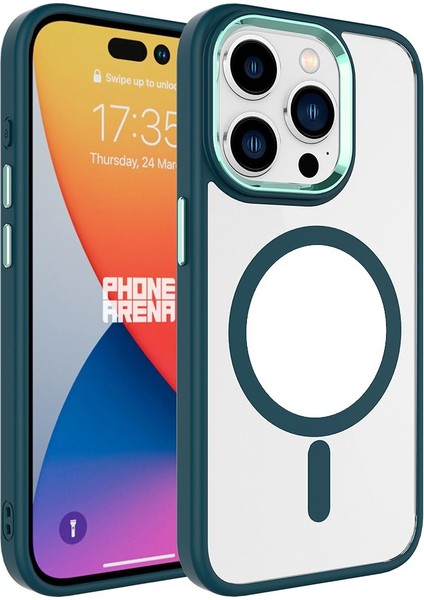 iPhone 15 Pro Max Kılıf Darbe Emici Mıknatıs Magsafe Metal Çerçeve Şeffaf Renkli Kenar Silikon Kapak