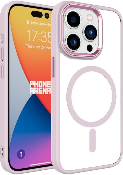 iPhone 15 Pro Kılıf Darbe Emici Mıknatıs Magsafe Metal Çerçeve Şeffaf Renkli Kenar Silikon Kapak